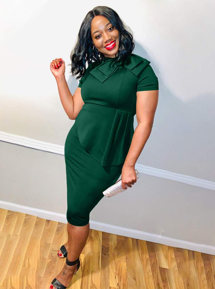 LAGSHIAN Women Fashion Peplum Bodycon Short Sleeve Bow Club Ruffle Pencil Office Party Dress Dark Green - Image 5